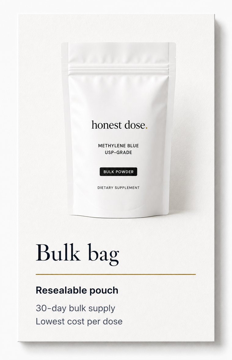 Rendered Bulk bag product card with pouch, specs, and paper shadow