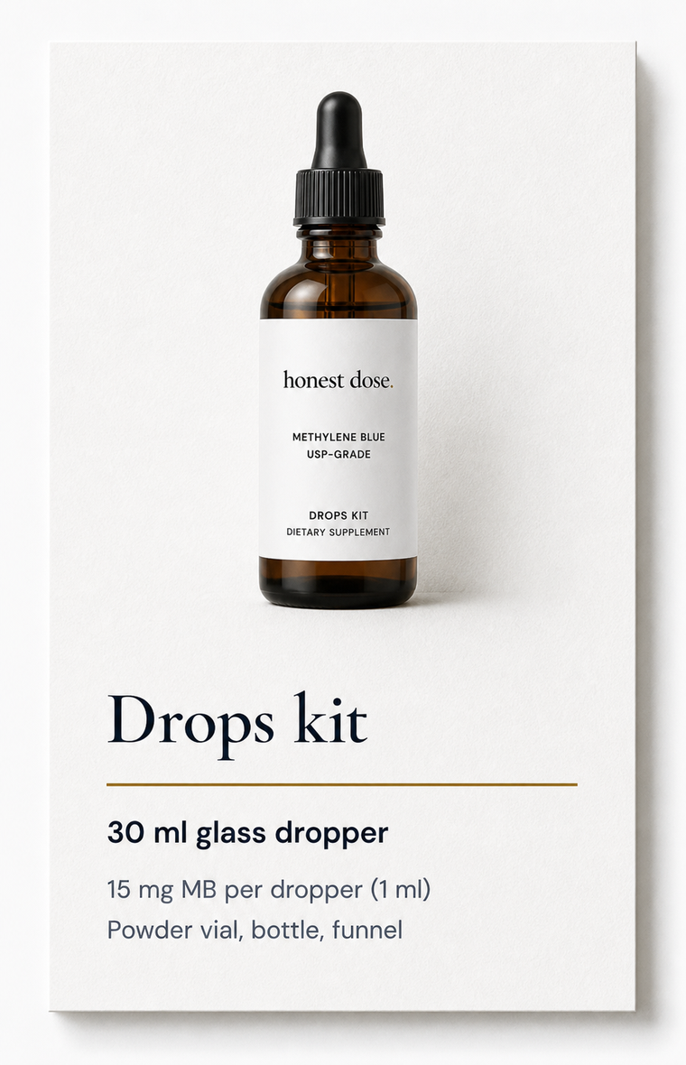 Rendered Drops kit product card with bottle, specs, and paper shadow