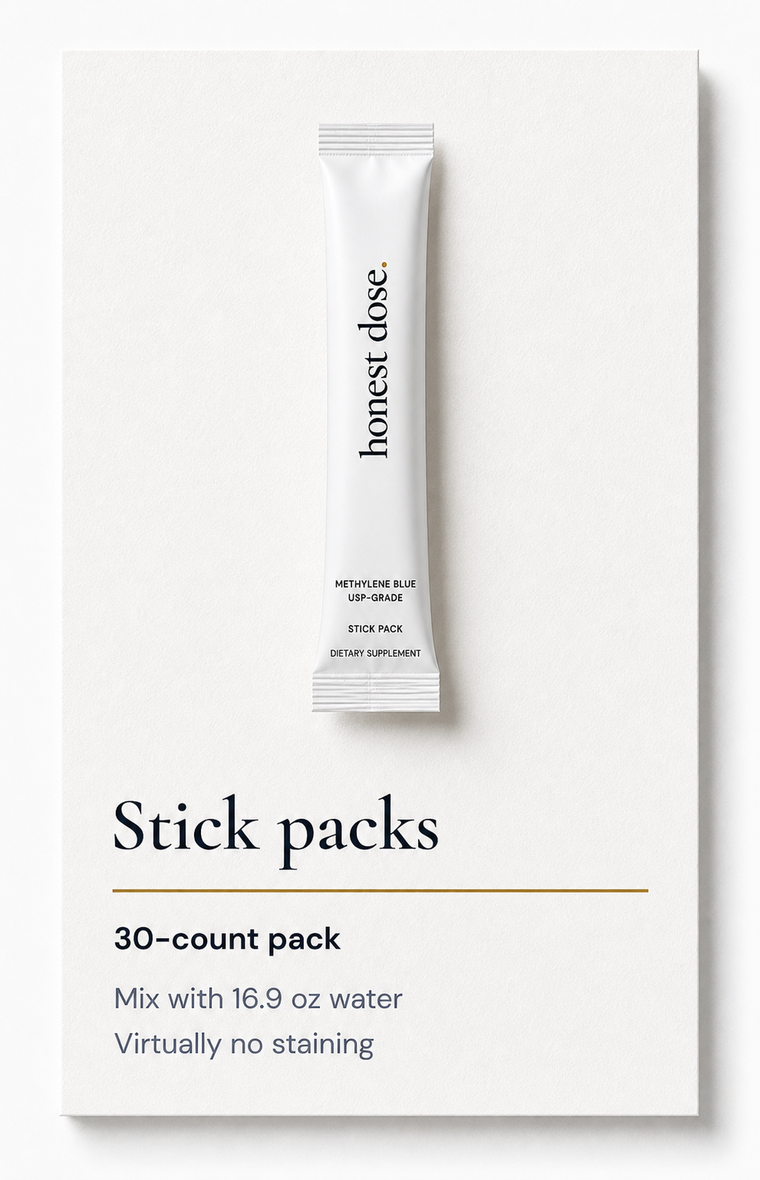 Rendered Stick packs product card with sachet, specs, and paper shadow