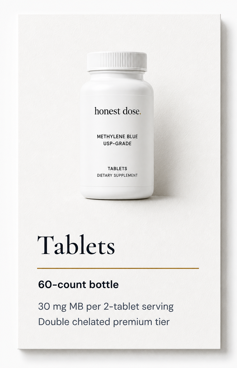 Rendered Tablets product card with bottle, specs, and paper shadow