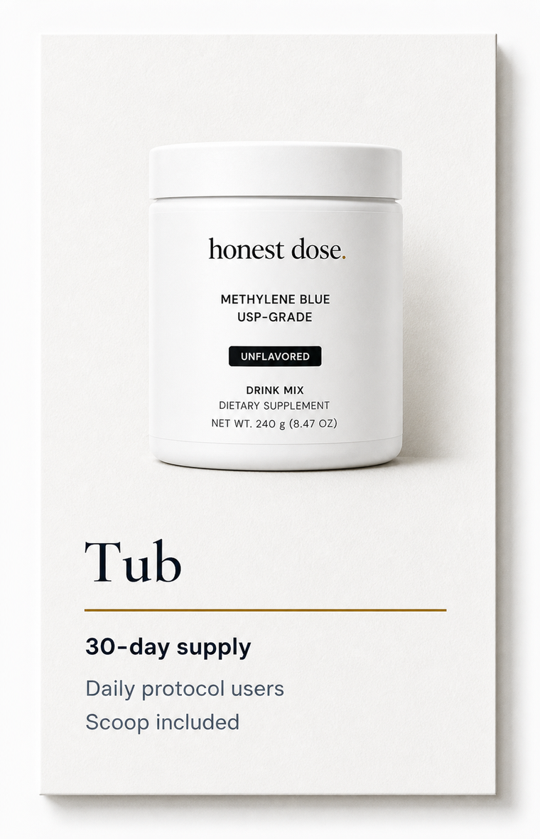 Rendered Tub product card with drink mix tub, specs, and paper shadow
