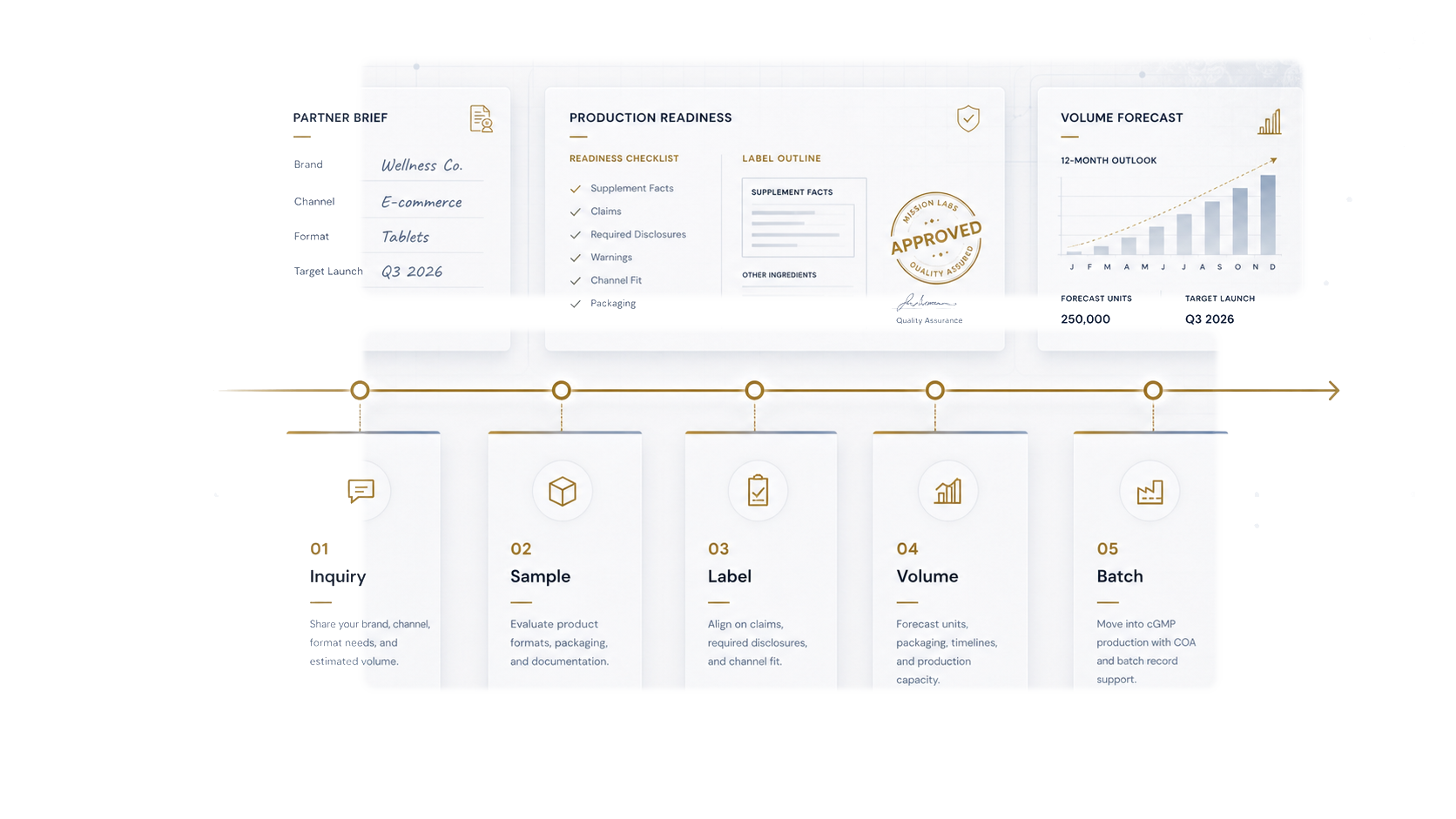 Partner program workflow blueprint with partner brief, production readiness, volume forecast, and five steps from inquiry to batch